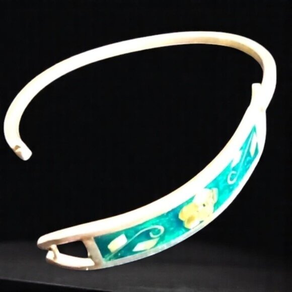 Vintage Silver .925 Hinged Bracelet Taxco‎ Mexico Abalone Flower Green Malachite - Picture 2 of 4